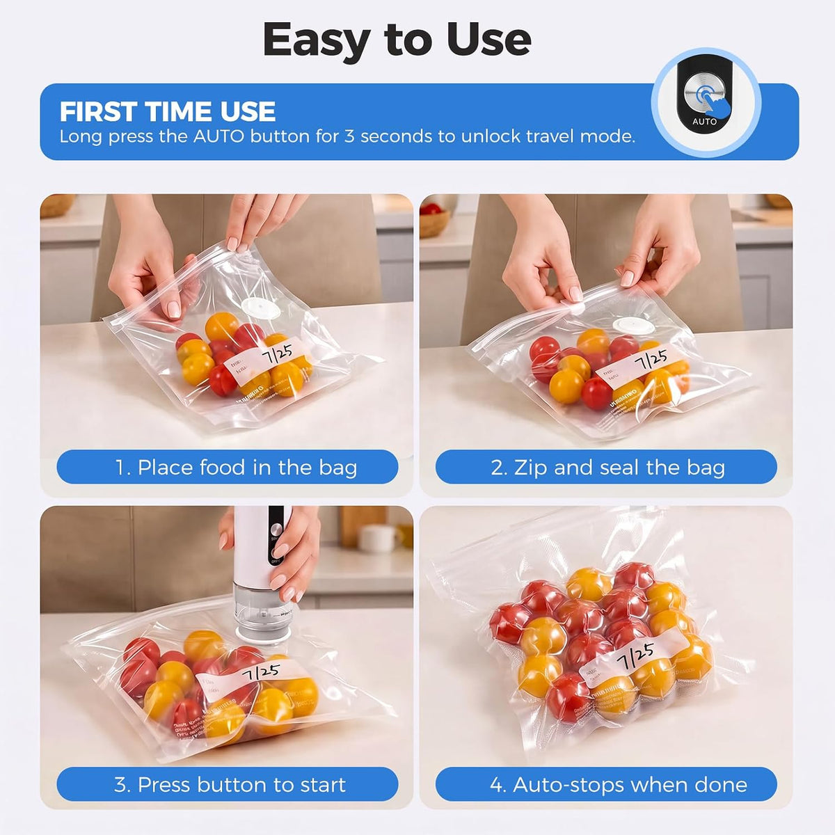 Handheld Food Vacuum Sealer – Compact Kitchen Sealer with 30 Reusable Vacuum Bags