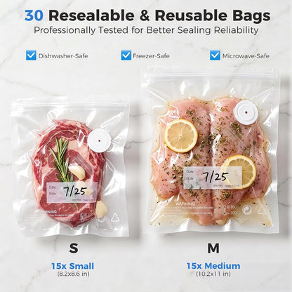 Handheld Food Vacuum Sealer – Compact Kitchen Sealer with 30 Reusable Vacuum Bags