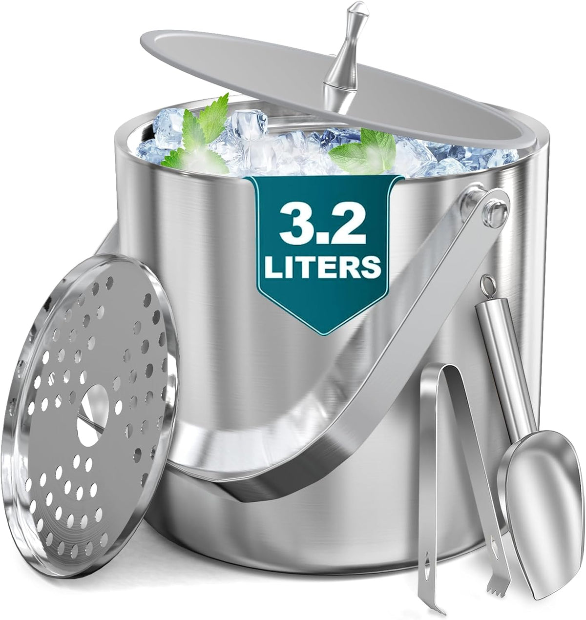3.4QT Insulated Ice Bucket – Double-Wall Stainless Steel with Lid, Scoop, Tongs & Strainer