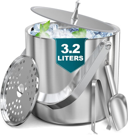 3.4QT Insulated Ice Bucket – Double-Wall Stainless Steel with Lid, Scoop, Tongs & Strainer