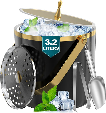 3.4QT Insulated Ice Bucket – Double-Wall Stainless Steel with Lid, Scoop, Tongs & Strainer