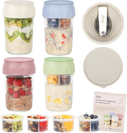 4-Pack Overnight Oats Jars – 16oz Glass Meal Prep Containers with Lids, Foldable Spoons & Divided Compartments