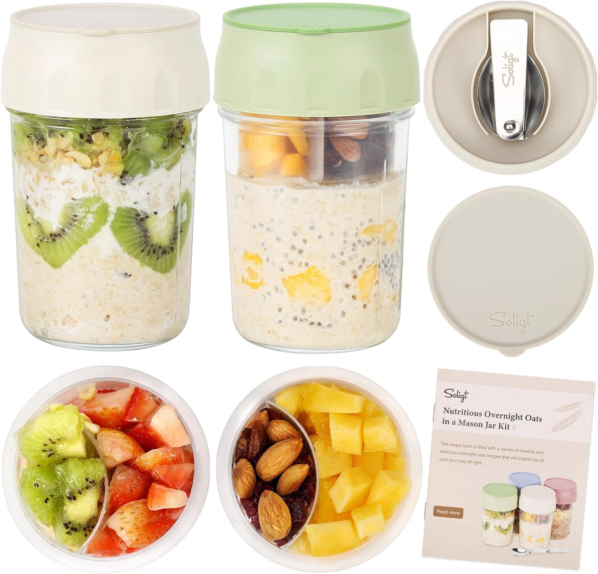 4-Pack Overnight Oats Jars – 16oz Glass Meal Prep Containers with Lids, Foldable Spoons & Divided Compartments