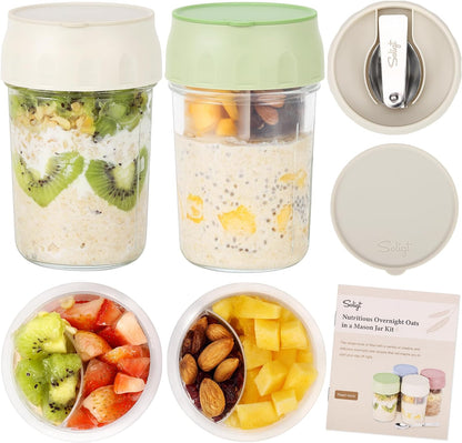 4-Pack Overnight Oats Jars – 16oz Glass Meal Prep Containers with Lids, Foldable Spoons & Divided Compartments