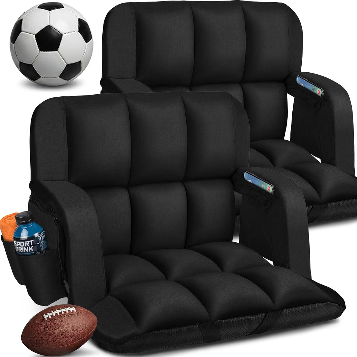 2-Pack Stadium Seats with Back Support – 12-Grid 4.7" Thick Cushion, 6 Reclining Positions & Extra-Wide Comfort