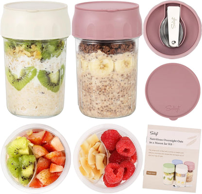 4-Pack Overnight Oats Jars – 16oz Glass Meal Prep Containers with Lids, Foldable Spoons & Divided Compartments