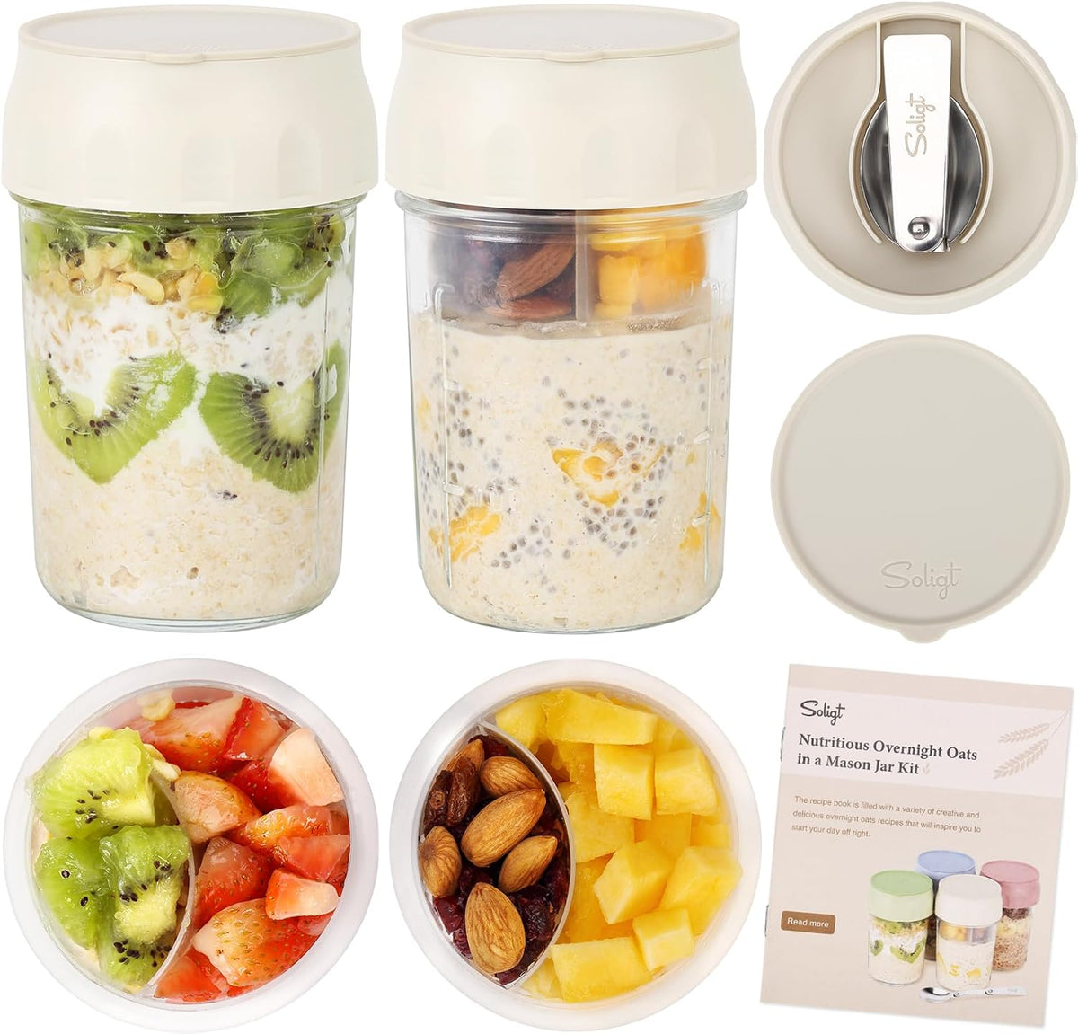 4-Pack Overnight Oats Jars – 16oz Glass Meal Prep Containers with Lids, Foldable Spoons & Divided Compartments