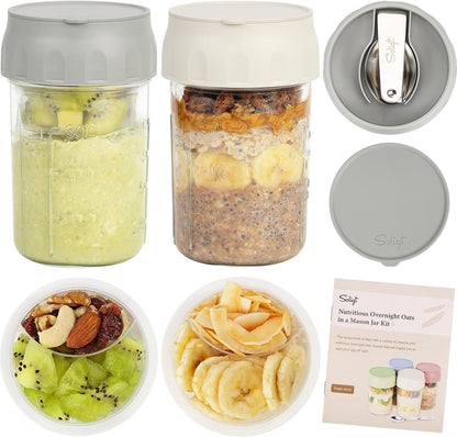 4-Pack Overnight Oats Jars – 16oz Glass Meal Prep Containers with Lids, Foldable Spoons & Divided Compartments