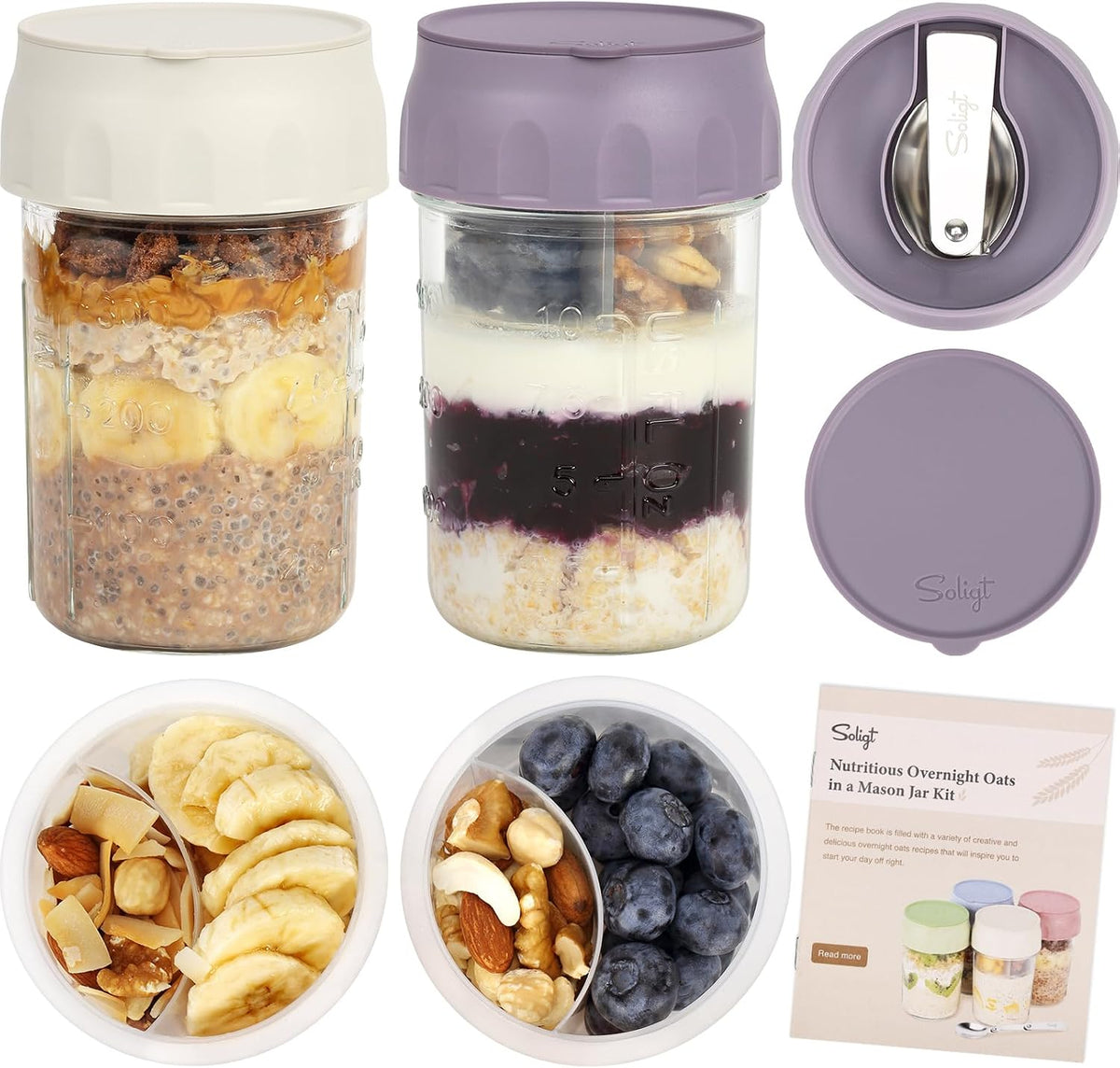 4-Pack Overnight Oats Jars – 16oz Glass Meal Prep Containers with Lids, Foldable Spoons & Divided Compartments