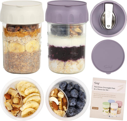 4-Pack Overnight Oats Jars – 16oz Glass Meal Prep Containers with Lids, Foldable Spoons & Divided Compartments