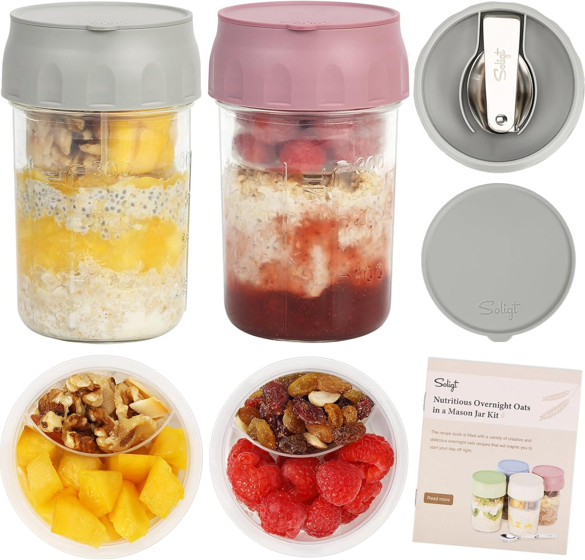 4-Pack Overnight Oats Jars – 16oz Glass Meal Prep Containers with Lids, Foldable Spoons & Divided Compartments