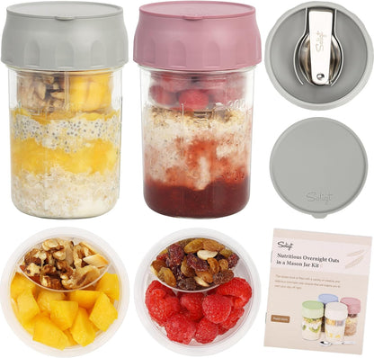 4-Pack Overnight Oats Jars – 16oz Glass Meal Prep Containers with Lids, Foldable Spoons & Divided Compartments