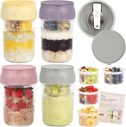 4-Pack Overnight Oats Jars – 16oz Glass Meal Prep Containers with Lids, Foldable Spoons & Divided Compartments